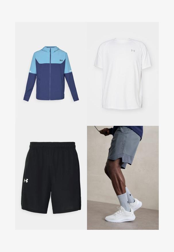 Hettejakke i marineblå og lyseblå, med glidelås foran, lange ermer, og et kontrasterende blokkdesign med en hvit aksentstripe.; Hvit treningstopp med korte ermer laget av glatt stoff. Har rund hals og grått logo på venstre bryst, med sidesplitter i kanten.; Svarte sportslige shorts laget av lett materiale, med elastisk midjebånd og en hvit logo på venstre side.; Hvite treningssko med teksturert mesh-overdel, kombinert med lyseblå ribbestrikkede sokker med logo. Grå treningsshorts med perforert kant.