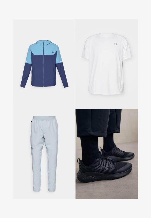 Kapuzenshirt in Marineblau und Hellblau, mit einem Reißverschluss vorne, langen Ärmeln und einem kontrastierenden Blockdesign mit einem weißen Akzentstreifen.; Weißes kurzärmeliges Sportshirt aus glattem Material. Mit Rundhalsausschnitt und grauem Logo auf der linken Brust, sowie seitlichen Schlitzen am Saum.; Helle blaue Sporthose mit elastischem Bund, schmal zulaufenden Beinen, seitlichen Taschen und einem schwarzen Logo auf dem linken Oberschenkel. Glatte Stoffstruktur.; Person in schwarzen Sport Sneakers mit strukturierten Seiten und Logo, kombiniert mit schwarzen Socken und kürzeren Hosen auf einem hellen Boden.