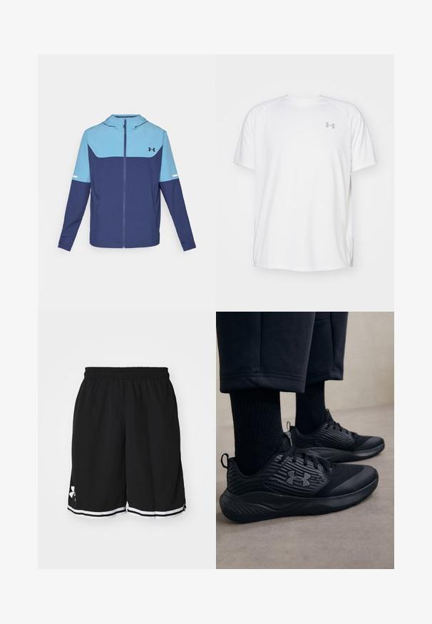 Kapuzenshirt in Marineblau und Hellblau, mit einem Reißverschluss vorne, langen Ärmeln und einem kontrastierenden Blockdesign mit einem weißen Akzentstreifen.; Weißes kurzärmeliges Sportshirt aus glattem Material. Mit Rundhalsausschnitt und grauem Logo auf der linken Brust, sowie seitlichen Schlitzen am Saum.; Schwarze Sportshorts aus strukturiertem Stoff. Mit einem elastischen Bund und weißen Streifen am Saum. Logo an der Seite sichtbar.; Person in schwarzen Sport Sneakers mit strukturierten Seiten und Logo, kombiniert mit schwarzen Socken und kürzeren Hosen auf einem hellen Boden.