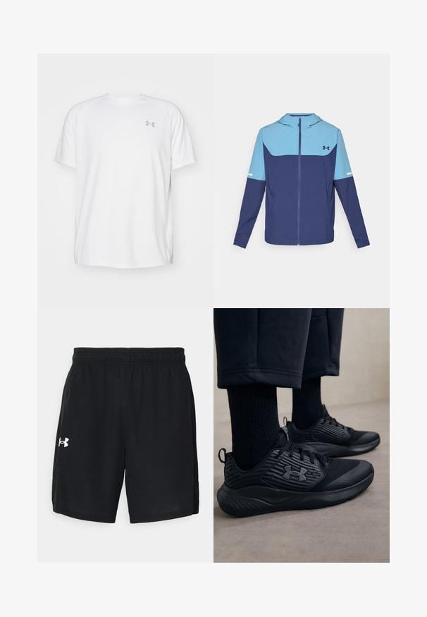 Hedvábná bunda v námořnické modři a světle modré barvě, s zapínáním na zip, dlouhými rukávy a kontrastním blokovým designem s bílým akcentem.; Bílé sportovní tričko s krátkým rukávem vyrobené z hladké látky. Má kulatý výstřih a šedé logo na levé straně hrudi, s bočními rozparky na lemu.; Černé sportovní šortky vyrobené z lehkého materiálu, s elastickým pasem a bílým logem na levé straně.; Osoba v černých sportovních teniskách s texturovanými stranami a logem, v kombinaci s černými ponožkami a zkrácenými kalhotami na světlé podlaze.