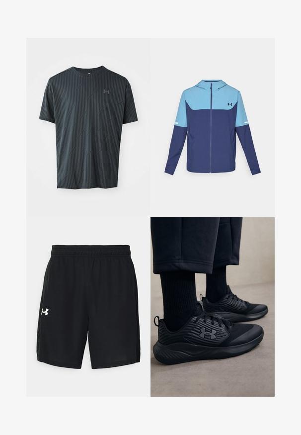 Chaqueta con capucha en azul marino y azul claro, con cierre de cremallera frontal, mangas largas y un diseño de bloques en contraste con una franja blanca de acento.; Camiseta deportiva de manga corta negra con un patrón de rayas diagonales texturizadas y cuello redondo. Presenta un pequeño logo en la parte delantera.; Pantalones cortos deportivos negros hechos de tela ligera, con una cinturilla elástica y un logo blanco en el lado izquierdo.; Persona que lleva zapatillas deportivas negras con lados texturizados y un logo, combinadas con calcetas negras y pantalones cortos sobre un suelo claro.