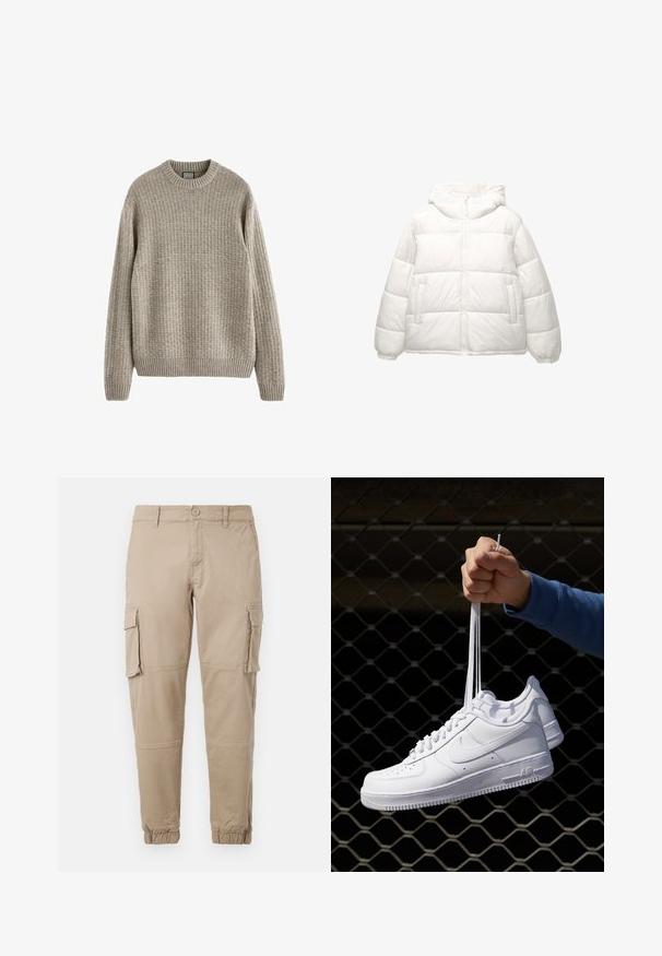 Witte pufferjack met rits aan de voorkant, twee zijzakken, elastische manchetten en een aangehechte gewatteerde capuchon, weergegeven op een witte achtergrond.; Beige geribde trui met een ronde halslijn, lange mouwen en een textuurpatroon in de brei. Heeft een geribde zoom en manchetten.; Beige cargobroek van lichtgewicht katoenen materiaal. Kenmerkend zijn de elastische boorden, meerdere zijzakken en een knoopsluiting.; Witte leren sneakers met perforaties, ronde neus, vlakke zool en dikke veters, met een zichtbare swoosh-logo en "AIR" op de hiel.