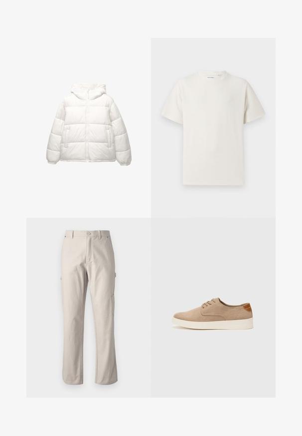Jachetă pufoasă albă cu fermoar frontal, două buzunare laterale, manșete elastice și glugă căptușită atașată, prezentată pe un fundal alb.; Tricou alb cu maneci scurte, dintr-un material ribbed. Guler rotund, croi lejer, fără modele sau accente vizibile. Design simplu și versatil.; Pantaloni cargo bej din bumbac rezistent, cu picioare drepte, închidere cu buton frontal și buzunare laterale pentru utilitate. Textură fină cu cusături subtile.; Tenisi din suede bej cu vârf rotund, sistem de șireturi în față și un accent texturat în spate. Talpa albă din cauciuc oferă un contrast. Design simplu și modern.
