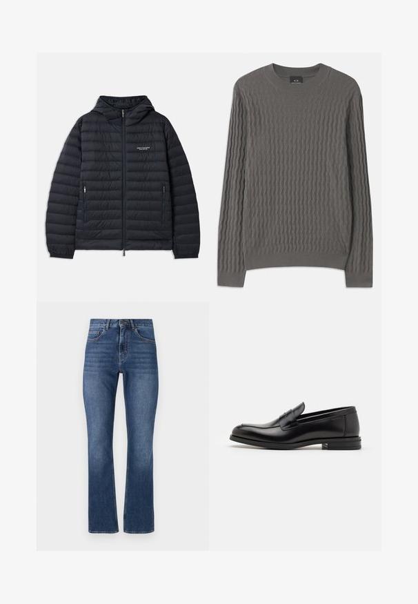 Jachetă puffer neagră cu glugă, având un design pătrățos orizontal, închidere cu fermoar în față și două buzunare laterale cu fermoar.; Armani Exchange Pulover - dark gull zig zag; Jeans din denim albastru cu un croi drept, dotate cu buzunare standard și o talie cusută, având o spălare medie și o ușoară decolorare.; Mocasini din piele neagră cu o textură netedă, vârf rotund și o curea decorativă peste partea superioară. Toc mic, design minimalist.