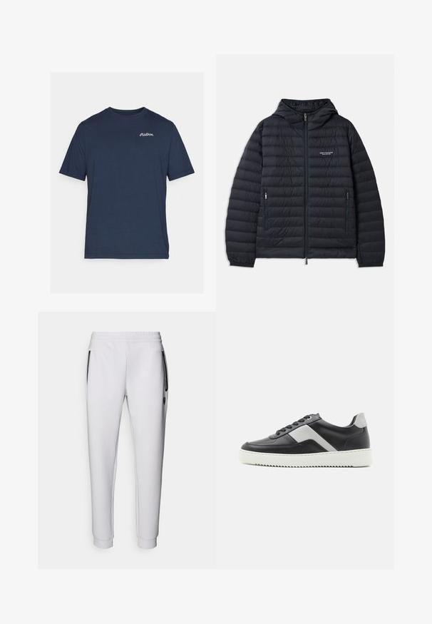 Sort pufferjakke med hætte, med horisontalt quiltet design, lynlås foran og to sidelommer med lynlåse.; Mørkeblå bomulds T-shirt med korte ærmer. Har et lille hvidt broderet logo på venstre brystområde. Rund halsudskæring.; Hvide sweatpants med elastisk talje, to sidelommer, sorte lynlåsdetaljer og ribbede manchetter ved anklerne. Glat tekstur.; Sort lædersneakers med grå accenter, hvid gummisål, rund tå og seks sorte øjer til snørebånd. Teksturert sidetavle-detalje.