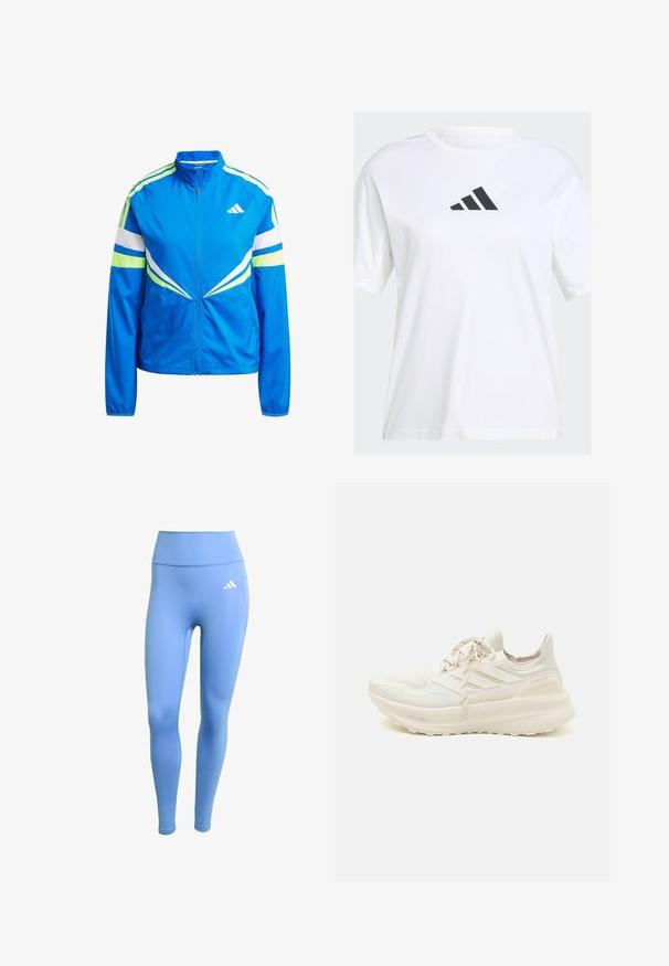Blauwe ritsjack gemaakt van soepel, lichtgewicht stof. Kenmerkt zich door witte en neon groene strepen, een staande kraag en een logo op de borst.; Witte katoen t-shirt met een zwart Adidas-logo in een driehoekig ontwerp op de borst, met korte mouwen en een relaxte pasvorm.; Blauwe sportleggingen van rekbaar materiaal. Hoog getailleerd ontwerp, met een witte Adidas-logo aan de linkerkant. Glad textuur.; Witte sportschoen met een gestructureerde bovenkant, drievoudig streepdessin, lichte demping en een split-kleuraccent bij de hiel. Lichte zooltechnologie.