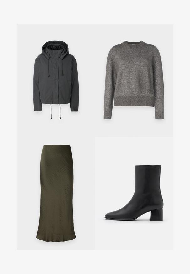 Giacca nera corta con cappuccio, chiusura a cordoncino e tasche frontali. Realizzata in un tessuto liscio e leggero con texture minima.; Maglione grigio con una trama a maglia riflettente, scollatura rotonda e polsini e orlo a costine; vestibilità leggermente larga e maniche lunghe.; Gonna verde oliva di media lunghezza realizzata in tessuto liscio e leggero con una leggera texture arricciata e una silhouette dritta.; Stivali ankle in pelle nera con punta affusolata e tacco quadrato grosso. Texture liscia con un design senza cuciture e cuciture minimaliste.