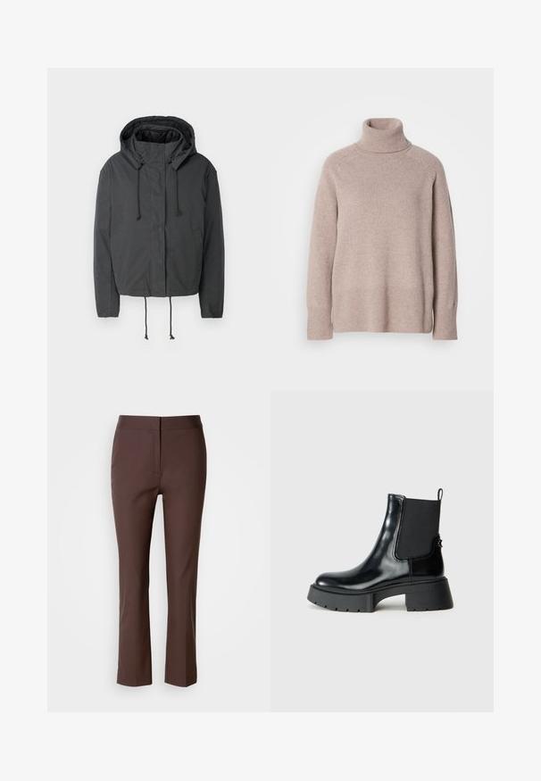 Juoda trumpa striukė su gobtuvu, raišteliu ir priekinėmis kišenėmis. Pagaminta iš lygaus, lengvo audinio su minimaliu tekstūru.; Šviesiai smėlinės spalvos megztas vilnos golfas su ilgomis rankovėmis ir įpjovomis ant rankogalių bei apatinio krašto, ant vientisos baltos fono.; Rudos pritaikytos kelnės su siauru siluetu, su plokščiu priekiu, subtiliomis šoninėmis kišenėmis ir lygiu, šiek tiek elastingu audiniu.; Juodos kulkšninių batai iš blizgaus odos su elastinėmis šoninėmis dalimis, kilpos užtraukimui ir masyviu guminėmis padanga, turinčia tekstūruotą protektorių.