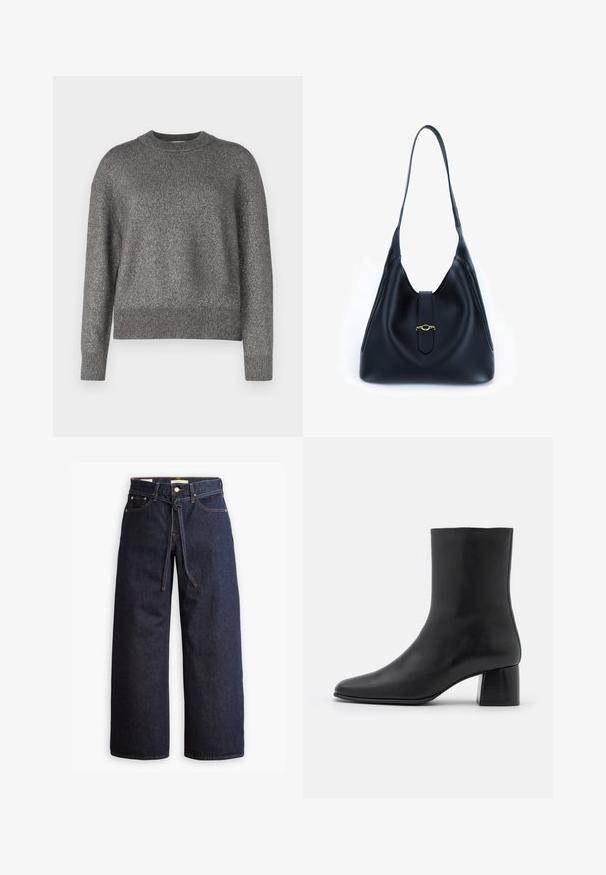 Čierna skrátená bunda s kapucňou, so sťahovacou šnúrkou a prednými vreckami. Vyrobená z hladkej, ľahkej tkaniny s minimálnou textúrou.; Sivý sveter s reflexnou pletenou textúrou, okrúhlym výstrihom a rebrovanými manžetami a spodným lemom; mierne voľný strih a dlhé rukávy.; Široké tmavomodré denimové džínsy s vysokým pásom, so šnúrkou na sťahovanie, piatimi vreckami a kontrastným prešívaním.; Čierna kožená členková čižma s špicatou špičkou a masívnym štvorcovým podpätkom. Hladká textura s bezšvovým dizajnom a minimalistickým prešívaním.; Čierna kožená kabelka s mäkkým, voľným dizajnom. Obsahuje plochý popruh a centrálne zapínanie zdobené zlatým akcentom.