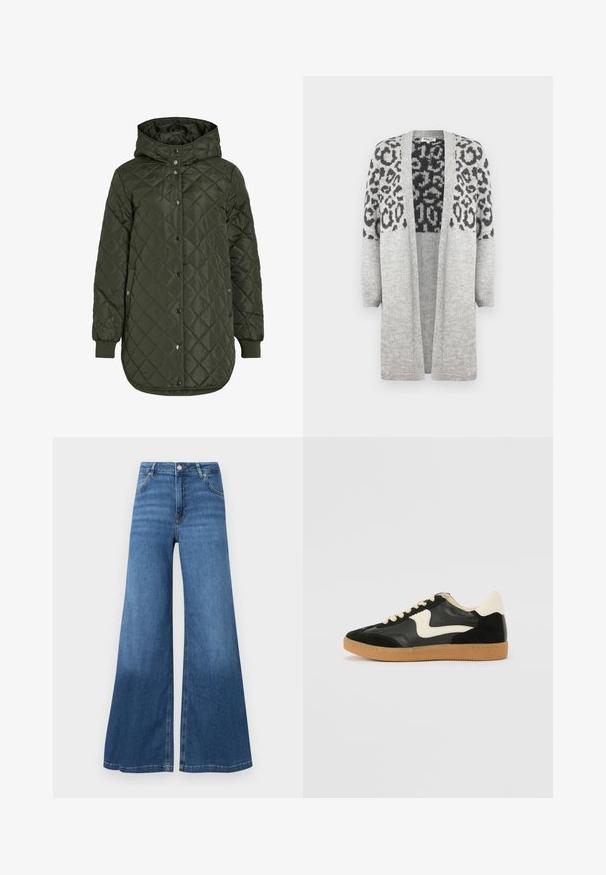 Casaco comprido olive green acolchoado com capuz, botões de pressão e punhos canelados. Apresenta um tecido liso e texturizado com padrão de diamante.; Cardigã cinza tricotado com mangas longas e frente aberta. Apresenta um padrão de estampa leopardo preto na parte superior. Textura suave.; Camisola de gola alta cinza feita de um tecido liso e elástico. Mangas compridas, design ajustado, textura mínima, sem padrões ou acessórios visíveis.; Jeans azul de perna larga feitos de denim, com cintura alta, bolsos frontais e bainha limpa. Sem padrões ou adornos visíveis.; Sapatilha em camurça e couro pretos com um swoosh lateral em creme e um calcanhar em creme claro. Apresenta atacadores bege e uma sola de borracha tipo gum.