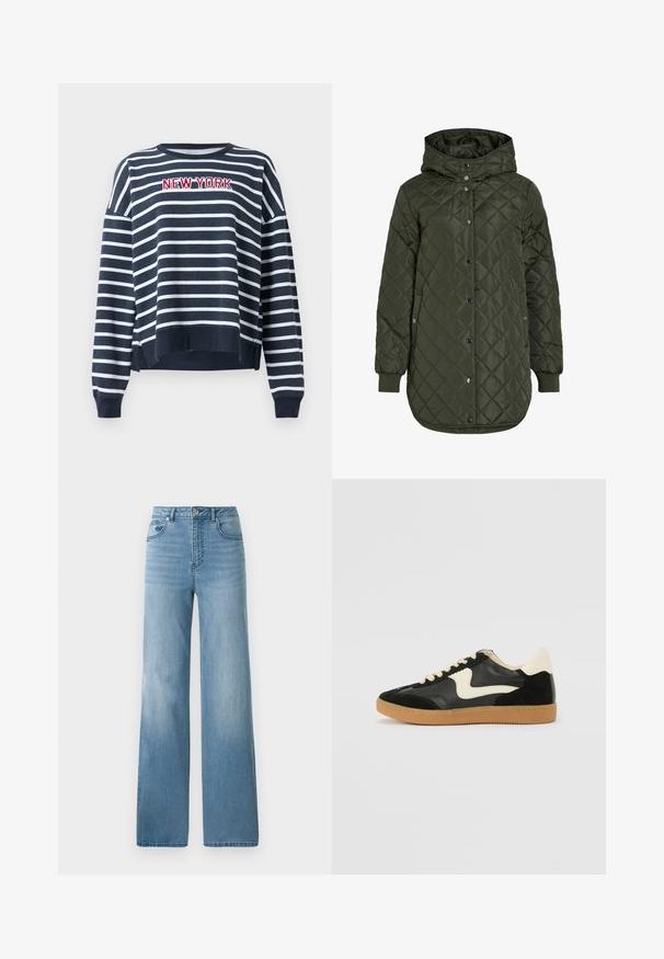 Giacca lunga trapuntata verde oliva con cappuccio, bottoni a pressione e polsini a coste. Presenta un tessuto liscio e strutturato con motivo a diamante.; Felpa a righe blu navy e bianca con scollatura rotonda e polsini a coste. Presenta la scritta ricamata "NEW YORK" sul davanti.; Maglione a collo alto grigio realizzato in tessuto liscio e elastico. Maniche lunghe, design aderente, texture minimale, senza motivi visibili o accessori.; Jeans azzurri chiari a vita alta con design a gamba dritta. Realizzati in denim, presentano cinque tasche e chiusura con bottone.; Sneaker nera in suede e pelle con un sorriso laterale crema e un tallone di un leggero crema. Presenta lacci beige e una suola in gomma color caramello.