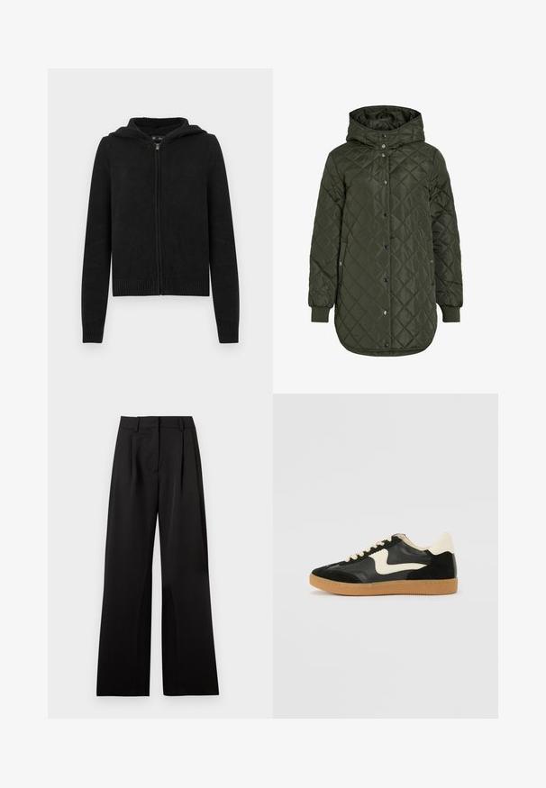 Kvalitetna dugacka maslinasto zelena jakna s kapuljačom, drsnim dugmadi i rebrastim manžetama. Ima glatku, teksturiranu tkaninu s dijamantnim uzorkom.; Crna dukserica na patentni zatvarač s teksturiranim pletenim uzorkom, kapuljačom te rebrastim manšetama i rubom. Ima moderan, prilagođeni kroj.; Sivi rolak majica izrađena od glatkog, rastezljivog materijala. Dugi rukavi, prilagođenog kroja, minimalne teksture, bez vidljivih uzoraka ili dodataka.; Crne široke hlače sa glatkom teksturom, s prednjim plisiranjima, ravnim pojasom i petljama za remen. Jednostavan, krojeni dizajn.; Crna nubuk i kožna tenisica s kremastim bočnim swooshom i svijetlom kremastom petom. Sadrži bež vezice i gumu na potplatu.