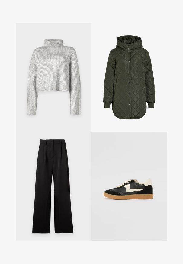 Klassiska, garņota, ilga olīvzaļā jaka ar kapuci, spiedpogu aizdari un ribotām piedurknēm. Iezīmējas ar gludu, strukturētu audumu ar dimanta rakstu.; Pelēks īsais džemperis, izgatavots no ribota adījuma auduma, ar augstu apkakli un garām piedurknēm, ar mīkstu tekstūru un smalku krāsu variāciju.; Melni platajiem biksēm ar gludu tekstūru, ar priekšējiem krokām, plakanu jostasvietu un jostas cilpiņām. Vienkāršs, piegriezuma dizains.; Melna zamšāda un ādas sporta apavi ar krēmkrāsas sānu svītru un gaiši krēmkrāsas papēdi. Ar beigu krāsas auklām un gumijas zole.