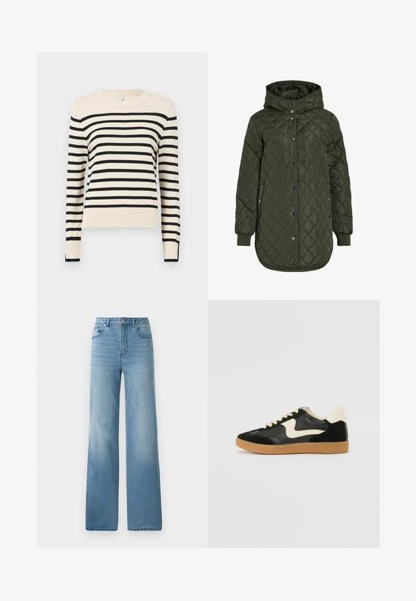 Quilted, long olive green jacket with a hood, snap buttons, and ribbed cuffs. Features a smooth, textured fabric with diamond pattern.; Cream sweater with horizontal black stripes, round neckline, long sleeves, and ribbed cuffs and hem. Smooth texture, casual fit.; Light blue high-waisted jeans with a straight-leg design. Crafted from denim, featuring five pockets and a button-fly closure.; Black suede and leather sneaker with a cream side swoosh and light cream heel. Features beige laces and a gum rubber outsole.