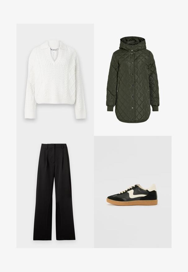 Gestepptes, langes olivgrünes Jacket mit Kapuze, Druckknöpfen und gerippten Bündchen. Verfügt über einen glatten, strukturierten Stoff mit Rautenmuster.; Weißer Strickpullover mit V-Ausschnitt und Kragen. Verfügt über strukturierte Muster, gerippten Saum und lange Ärmel. Hergestellt aus weichem Material.; Schwarze, weit geschnittene Hose mit glatter Textur, die Vorderfalten, einen flachen Bund und Gürtelschlaufen aufweist. Einfaches, tailliertes Design.; Schwarze Wildleder- und Leder-Sneaker mit einem cremefarbenen Seiten-Swoosh und einer hellcremefarbenen Ferse. Ausgestattet mit beige Schnürsenkeln und einer Gummilaufsohle.