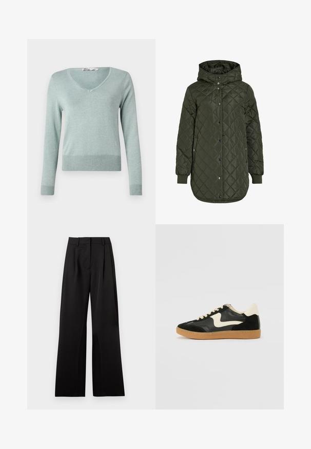 Quilted, long olive green jacket with a hood, snap buttons, and ribbed cuffs. Features a smooth, textured fabric with diamond pattern.; Light green v-neck sweater made of soft, ribbed knit material. Features long sleeves and a fitted hem, with subtle texture throughout.; Black wide-leg trousers with a smooth texture, featuring front pleats, a flat waistband, and belt loops. Simple, tailored design.; Black suede and leather sneaker with a cream side swoosh and light cream heel. Features beige laces and a gum rubber outsole.