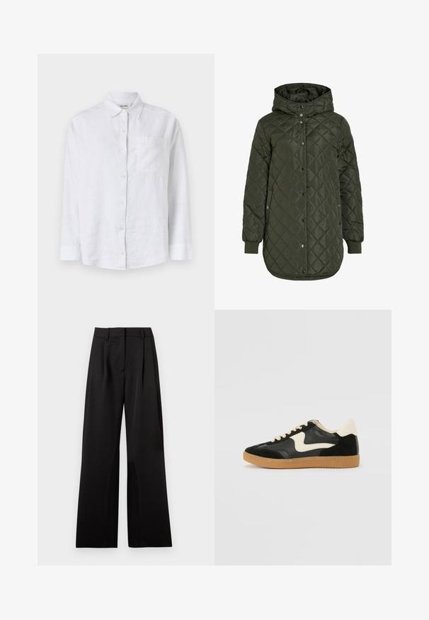 Quilted, long olive green jacket with a hood, snap buttons, and ribbed cuffs. Features a smooth, textured fabric with diamond pattern.; White linen shirt with long sleeves, buttoned front, and a left chest pocket. Features a classic collar and straight hem.; Black wide-leg trousers with a smooth texture, featuring front pleats, a flat waistband, and belt loops. Simple, tailored design.; Black suede and leather sneaker with a cream side swoosh and light cream heel. Features beige laces and a gum rubber outsole.
