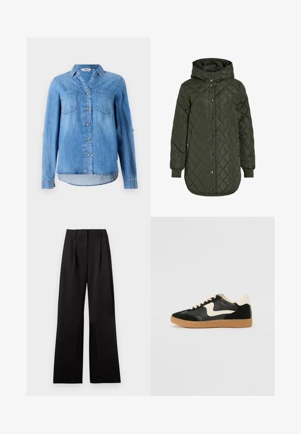 Quilted, long olive green jacket with a hood, snap buttons, and ribbed cuffs. Features a smooth, textured fabric with diamond pattern.; Light blue denim shirt featuring a button-down front, two chest pockets, and roll-up sleeves with button detail.; Black wide-leg trousers with a smooth texture, featuring front pleats, a flat waistband, and belt loops. Simple, tailored design.; Black suede and leather sneaker with a cream side swoosh and light cream heel. Features beige laces and a gum rubber outsole.