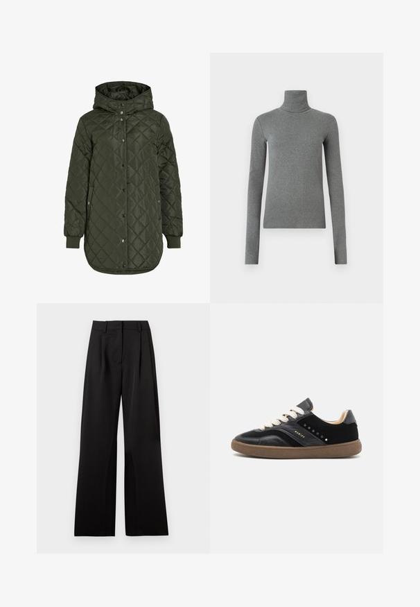 Casaco comprido olive green acolchoado com capuz, botões de pressão e punhos canelados. Apresenta um tecido liso e texturizado com padrão de diamante.; Camisola de gola alta cinza feita de um tecido liso e elástico. Mangas compridas, design ajustado, textura mínima, sem padrões ou acessórios visíveis.; Calças largas pretas com uma textura suave, apresentando pregas frontais, uma cintura plana e passantes para cinto. Design simples e estruturado.; Nubikk RAY OWEN - Sapatilhas - black/mocca