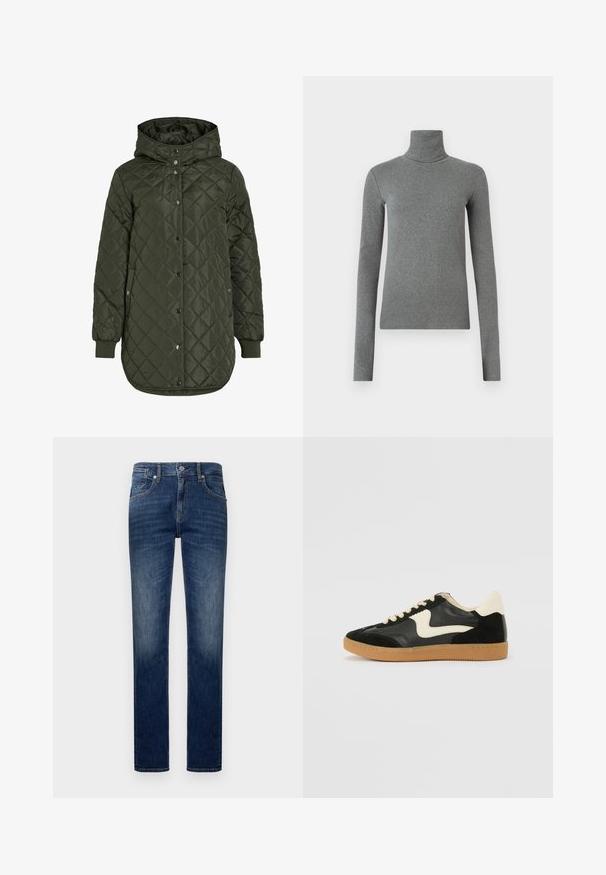 V quilting, pitkä oliivinvihreä takki, jossa on huppu, nepparit ja ribbineulehihansuut. Takissa on sileä teksturoitu kangas, jossa on timantin muotoinen kuvio.; Harmaa poolapaita, joka on valmistettu sileästä ja joustavasta kankaasta. Pitkät hihat, tiukka malli, vähäistä tekstuuria, ilman näkyviä kuvioita tai varusteita.; Tummansiniset farkut suoran lahkeen muotoilulla, joissa on viisi taskua, kontrastiväriset saumat ja vetoketjukiinnitys.; Mustat mokka- ja nahkakengät, joissa on kermaisen valkoinen sivupainatus ja vaalea kermaisine kantapää. Varustettu beigeillä nauhoilla ja kumista valmistetulla ulkopohjalla.