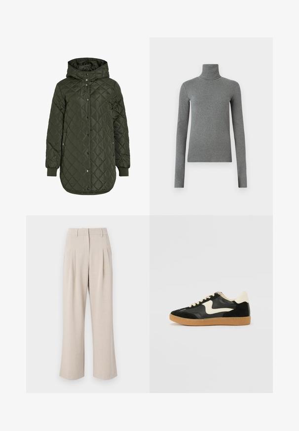 Gevoerde, lange olijfgroene jas met een capuchon, drukknoopsluiting en geribde manchetten. Kenmerkt zich door een gladde, gestructureerde stof met een ruitpatroon.; Grijze coltrui gemaakt van gladde, rekbare stof. Lange mouwen, aansluitend ontwerp, minimale textuur, zonder zichtbare patronen of hardware.; Beige wijde pantalon met een hoge taille, voorzien van plooien aan de voorkant, een gladde textuur en een gestructureerd ontwerp. Geen zichtbare zakken of versieringen.; Zwarte suède en leren sneaker met een crèmekleurige zij-swoosh en lichte crèmekleurige hiel. Voorzien van beige veters en een gumrubberen zool.