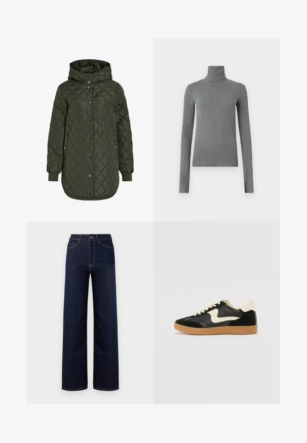 Casaco comprido olive green acolchoado com capuz, botões de pressão e punhos canelados. Apresenta um tecido liso e texturizado com padrão de diamante.; Camisola de gola alta cinza feita de um tecido liso e elástico. Mangas compridas, design ajustado, textura mínima, sem padrões ou acessórios visíveis.; Jeans de perna larga azul escuro feitos de denim, com alta cintura, quatro bolsos e costuras em contraste ao longo das costuras.; Sapatilha em camurça e couro pretos com um swoosh lateral em creme e um calcanhar em creme claro. Apresenta atacadores bege e uma sola de borracha tipo gum.