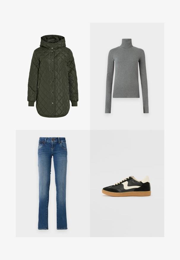 Klassiska, garņota, ilga olīvzaļā jaka ar kapuci, spiedpogu aizdari un ribotām piedurknēm. Iezīmējas ar gludu, strukturētu audumu ar dimanta rakstu.; Pelēka uzvalka krekliņa ar augstu apkakli, izgatavots no gludas, elastīgas auduma. Garas piedurknes, pielāgota forma, minimāla tekstūra, bez redzamām rakstām vai aparatūras.; Zilas džinsus bikses ar taisnu kāju dizainu, divām priekšējām kabatām un pogājam jostasvietu. Viegls izbalējums uz augšstilbiem un izšūts maliņu vīlējums.; Melna zamšāda un ādas sporta apavi ar krēmkrāsas sānu svītru un gaiši krēmkrāsas papēdi. Ar beigu krāsas auklām un gumijas zole.