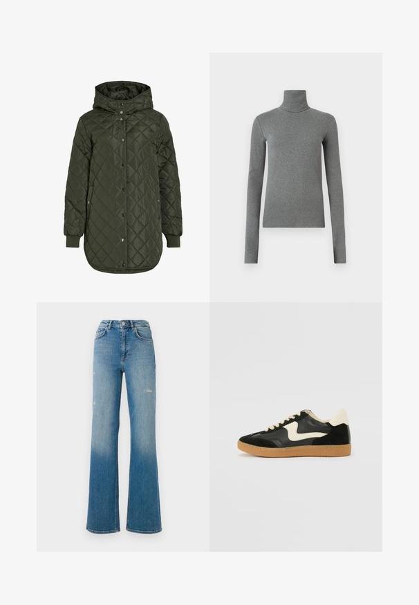 Šviesiai žalia, ilga, quilted striukė su gobtuvu, snap mygtukais ir išilgiais rankovėmis. Siūlo lygią, tekstūruotą medžiagą su deimanto raštu.; Pilkas golfas, pagamintas iš lygaus, elastingo audinio. Ilgos rankovės, prilipęs dizainas, minimali tekstūra, be matomų raštų ar metalinių detalių.; Aukštos juosmens mėlyni džinsai su šiek tiek pažeistomis šlaunimis, penkių kišenių stilius ir platėjančios kojos dizainas.; Juodos zomšo ir odos sportinės bateliai su kreminiu šoniniu swoosh ir šviesiai kreminiu kulnu. Ypatybės - smėlio spalvos raišteliai ir guminis padas.