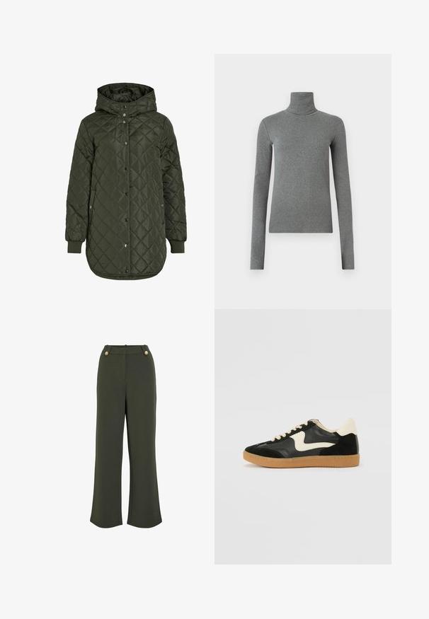 Šviesiai žalia, ilga, quilted striukė su gobtuvu, snap mygtukais ir išilgiais rankovėmis. Siūlo lygią, tekstūruotą medžiagą su deimanto raštu.; Pilkas golfas, pagamintas iš lygaus, elastingo audinio. Ilgos rankovės, prilipęs dizainas, minimali tekstūra, be matomų raštų ar metalinių detalių.; Olivinės žalios plačios kelnės su lygiu paviršiumi, pasižyminčios dviem auksinėmis mygtukais liemenyje ir švaria, pritaikyta siluetu.; Juodos zomšo ir odos sportinės bateliai su kreminiu šoniniu swoosh ir šviesiai kreminiu kulnu. Ypatybės - smėlio spalvos raišteliai ir guminis padas.