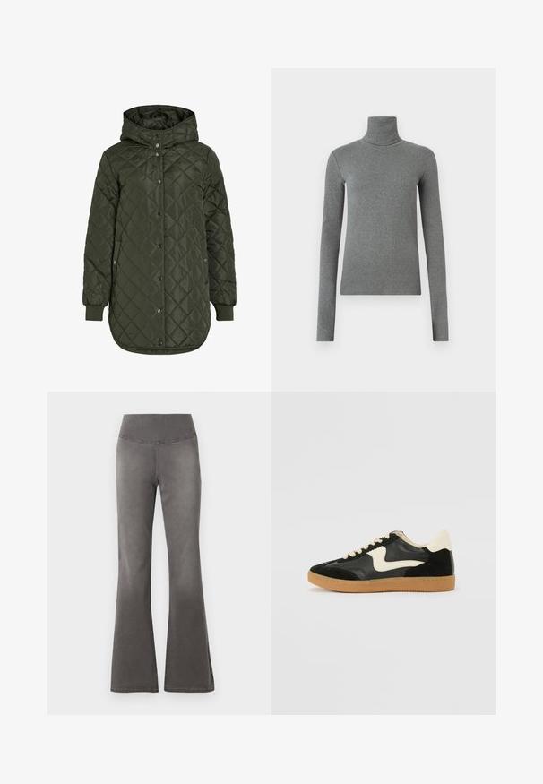 Geacă lungă matlasată de culoare verde măsliniu, cu glugă, nasturi tip snap și manșete ribbed. Prezintă un material neted, texturat cu un model în romb.; Cămașă turtleneck gri, dintr-un material neted și elastic. Mâneci lungi, design ajustat, textură minimă, fără modele sau accesorii vizibile.; Pantaloni gri evazați cu un talie netedă și elastică și o croială îngustă pe coapse, trecând la o deschidere mai largă la picior.; Tenisi din suede și piele negri cu un swoosh lateral de culoare crem și călcâi de un crem deschis. Prezintă șireturi bej și o talpă din rubber de tip gum.