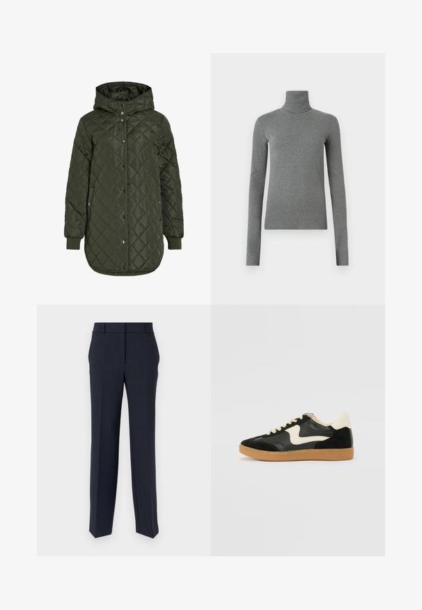 Gestepptes, langes olivgrünes Jacket mit Kapuze, Druckknöpfen und gerippten Bündchen. Verfügt über einen glatten, strukturierten Stoff mit Rautenmuster.; Grauer Rollkragenpullover aus glattem, dehnbarem Stoff. Lange Ärmel, figurbetontes Design, minimale Textur, ohne sichtbare Muster oder Beschläge.; Marineblaue maßgeschneiderte Hosen mit geradem Schnitt, glatter Textur und flacher Vorderseite. Verfügt über zwei Seitentaschen und ein klassisches Taillenbanddesign.; Schwarze Wildleder- und Leder-Sneaker mit einem cremefarbenen Seiten-Swoosh und einer hellcremefarbenen Ferse. Ausgestattet mit beige Schnürsenkeln und einer Gummilaufsohle.