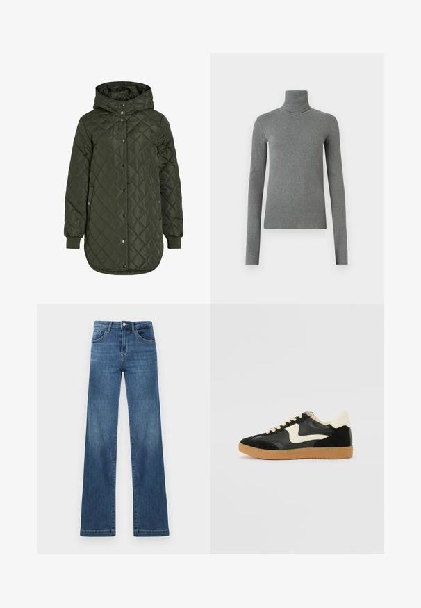Prešívaná, dlhá olivovo zelená bunda s kapucňou, patentnými gombíkmi a rebrovanými manžetami. Má hladkú, štruktúrovanú tkaninu s diamantovým vzorom.; Sivý rolák vyrobený z hladkej, elastickej látky. Dlhé rukávy, priliehavý strih, minimálna textura, bez viditeľných vzorov alebo hardvéru.; Tmavomodré denimové džínsy so rovnými nohavicami, vysokým pásom, piatimi vreckami a kovovým zapínaním. Výrazné detaily s vyblednutým praním.; Čierne semišové a kožené tenisky s krémovým bočným prešívaním a svetlo krémovou pätou. Obsahujú béžové šnúrky a podošvu z gumeného kaučuku.