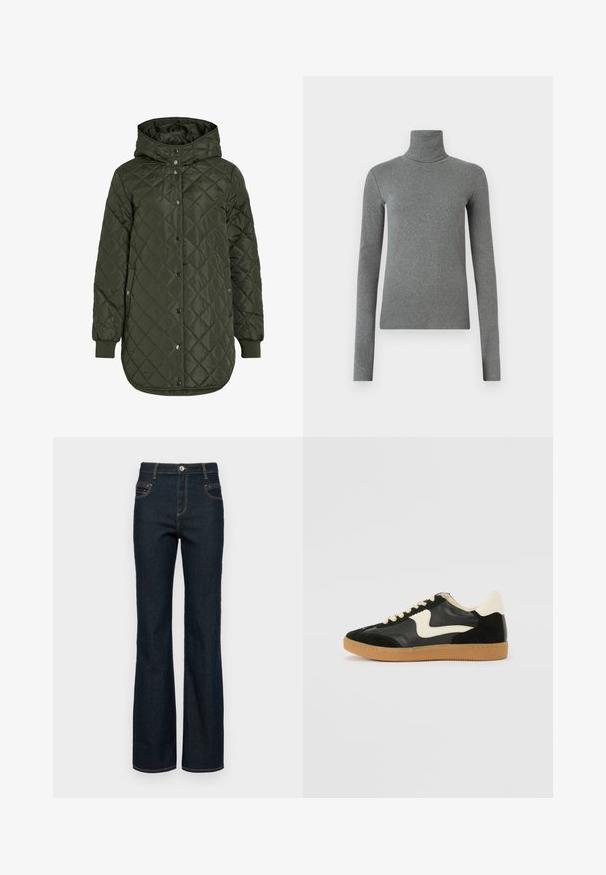 Quilted, long olive green jacket with a hood, snap buttons, and ribbed cuffs. Features a smooth, textured fabric with diamond pattern.; Gray turtleneck shirt made of smooth, stretchy fabric. Long sleeves, fitted design, minimal texture, with no visible patterns or hardware.; Dark denim flared jeans with a high waist, featuring a button front, five pockets, and contrasting yellow stitching along the seams.; Black suede and leather sneaker with a cream side swoosh and light cream heel. Features beige laces and a gum rubber outsole.