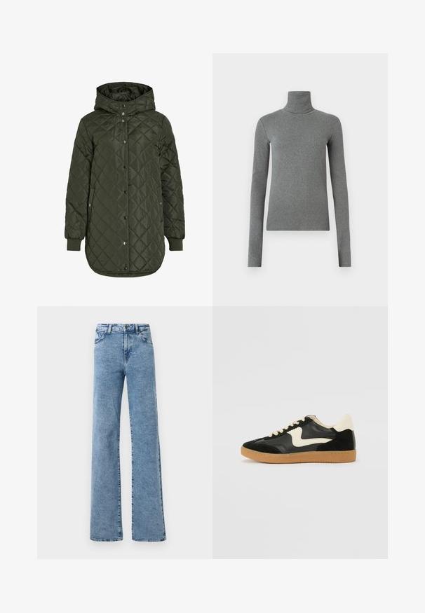 Casaco comprido olive green acolchoado com capuz, botões de pressão e punhos canelados. Apresenta um tecido liso e texturizado com padrão de diamante.; Camisola de gola alta cinza feita de um tecido liso e elástico. Mangas compridas, design ajustado, textura mínima, sem padrões ou acessórios visíveis.; Noisy May NMYOLANDA - Wide leg - medium blue denim; Sapatilha em camurça e couro pretos com um swoosh lateral em creme e um calcanhar em creme claro. Apresenta atacadores bege e uma sola de borracha tipo gum.