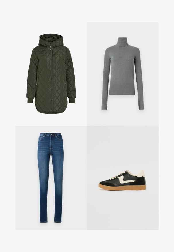 Geacă lungă matlasată de culoare verde măsliniu, cu glugă, nasturi tip snap și manșete ribbed. Prezintă un material neted, texturat cu un model în romb.; Cămașă turtleneck gri, dintr-un material neted și elastic. Mâneci lungi, design ajustat, textură minimă, fără modele sau accesorii vizibile.; Jeans skinny cu talie înaltă din denim albastru mediu, cu un stil clasic cu cinci buzunare și închidere cu nasture.; Tenisi din suede și piele negri cu un swoosh lateral de culoare crem și călcâi de un crem deschis. Prezintă șireturi bej și o talpă din rubber de tip gum.