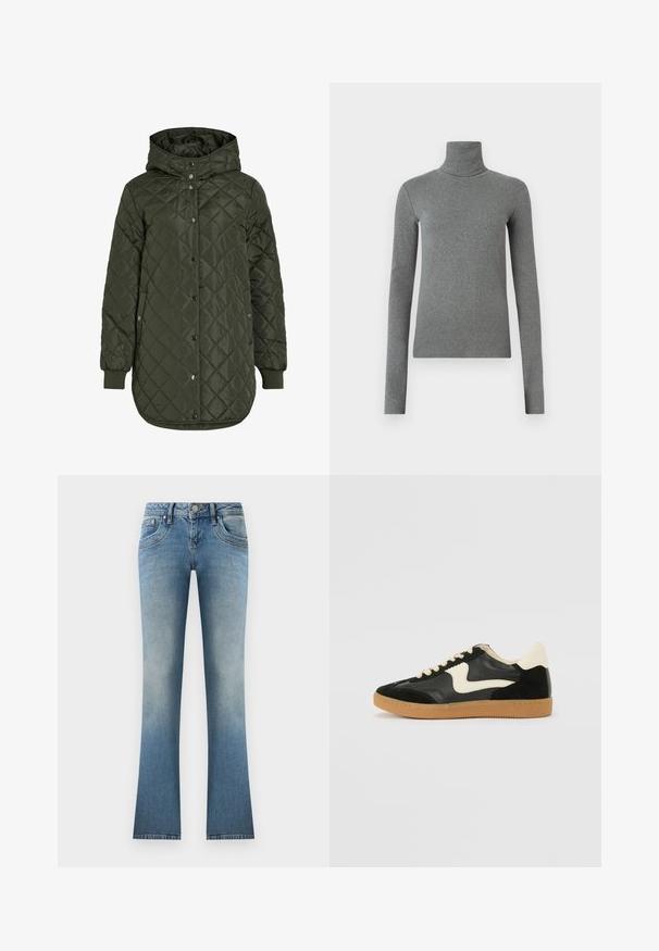 Quilted, long olive green jacket with a hood, snap buttons, and ribbed cuffs. Features a smooth, textured fabric with diamond pattern.; Gray turtleneck shirt made of smooth, stretchy fabric. Long sleeves, fitted design, minimal texture, with no visible patterns or hardware.; Light blue flared jeans made of denim. Features a faded wash, five pockets, and a button closure with belt loops at the waist.; Black suede and leather sneaker with a cream side swoosh and light cream heel. Features beige laces and a gum rubber outsole.