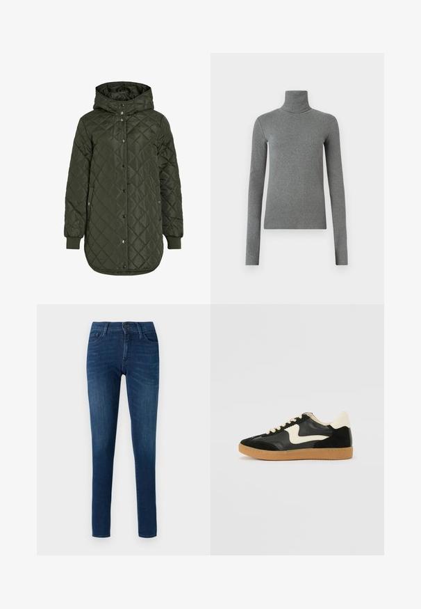 Klassiska, garņota, ilga olīvzaļā jaka ar kapuci, spiedpogu aizdari un ribotām piedurknēm. Iezīmējas ar gludu, strukturētu audumu ar dimanta rakstu.; Pelēka uzvalka krekliņa ar augstu apkakli, izgatavots no gludas, elastīgas auduma. Garas piedurknes, pielāgota forma, minimāla tekstūra, bez redzamām rakstām vai aparatūras.; Tumši zilie šauri džinsi, izgatavoti no denima, ar priekšējo pogu aizdari, jostas cilpām un piecām kabatām. Gluda tekstūra ar nelielu izbalēšanu.; Melna zamšāda un ādas sporta apavi ar krēmkrāsas sānu svītru un gaiši krēmkrāsas papēdi. Ar beigu krāsas auklām un gumijas zole.