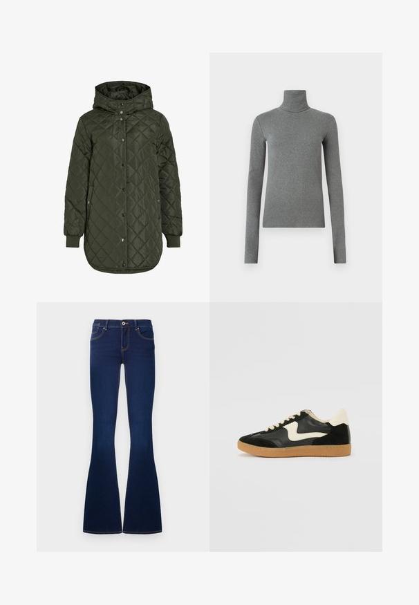 Šviesiai žalia, ilga, quilted striukė su gobtuvu, snap mygtukais ir išilgiais rankovėmis. Siūlo lygią, tekstūruotą medžiagą su deimanto raštu.; Pilkas golfas, pagamintas iš lygaus, elastingo audinio. Ilgos rankovės, prilipęs dizainas, minimali tekstūra, be matomų raštų ar metalinių detalių.; Tamsiai mėlynos džinsinės platėjančios kelnės su priekiniais mygtukais, užtrauktuku, diržo kilpomis ir penkiomis kišenėmis, pateiktos prieš baltą foną.; Juodos zomšo ir odos sportinės bateliai su kreminiu šoniniu swoosh ir šviesiai kreminiu kulnu. Ypatybės - smėlio spalvos raišteliai ir guminis padas.