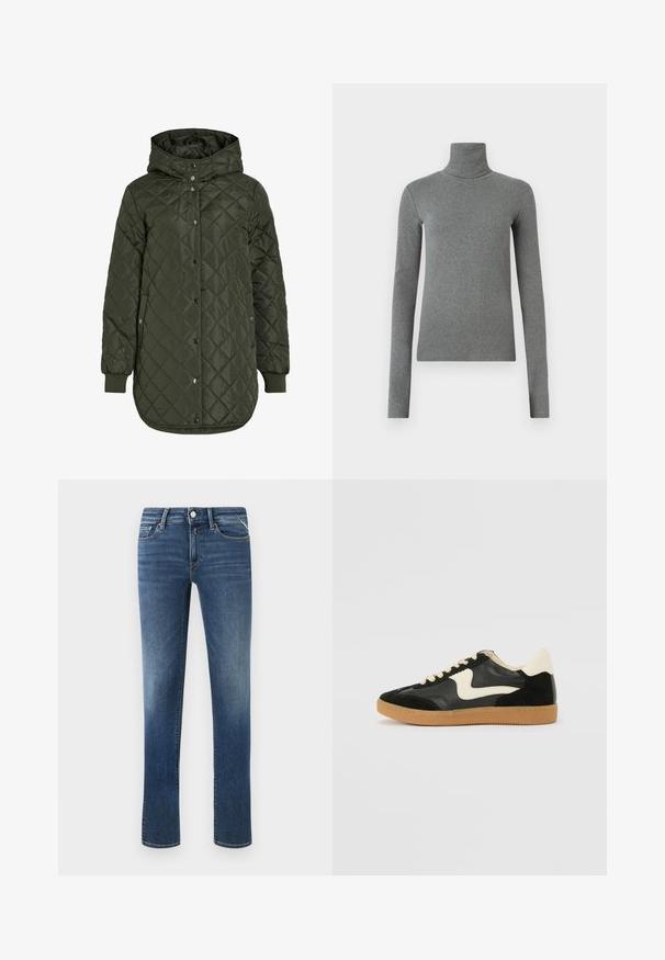 Klassiska, garņota, ilga olīvzaļā jaka ar kapuci, spiedpogu aizdari un ribotām piedurknēm. Iezīmējas ar gludu, strukturētu audumu ar dimanta rakstu.; Pelēka uzvalka krekliņa ar augstu apkakli, izgatavots no gludas, elastīgas auduma. Garas piedurknes, pielāgota forma, minimāla tekstūra, bez redzamām rakstām vai aparatūras.; Tumši zili džinsi ar taisnu kāju, vidēju jostas augstumu, priekšējām kabatām un klasiskām šuvēm. Iezīmes metalizēta pogas un rāvējslēdzēja aizdare.; Melna zamšāda un ādas sporta apavi ar krēmkrāsas sānu svītru un gaiši krēmkrāsas papēdi. Ar beigu krāsas auklām un gumijas zole.