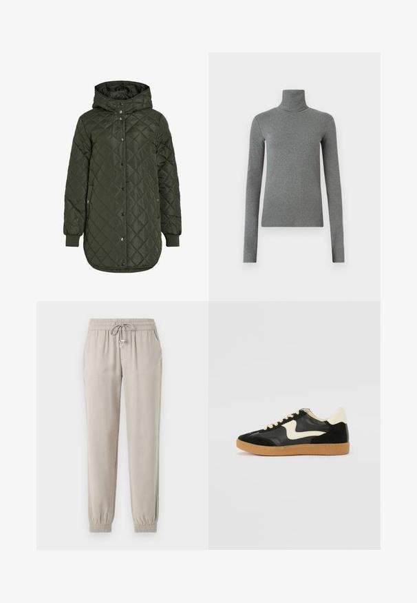 Quiltet, lang olivengrøn jakke med hætte, trykknapper og ribbede manchetter. Har et glat, struktureret stof med diamantmønster.; Grå turtleneck skjorte lavet af glat, strækbart stof. Lange ærmer, tætsiddende design, minimal tekstur, uden synlige mønstre eller hardware.; Lys beige jogger-bukser lavet af blødt stof, med en elastisk talje med snor, sidelommer og elastiske manchetter.; Sorte ruskinds- og lædersneakers med en cremefarvet side-swoosh og lys cremefarvet hæl. Har beige snørebånd og en gummirubber-sål.