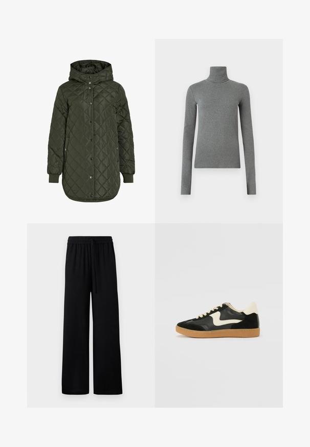 Gestepptes, langes olivgrünes Jacket mit Kapuze, Druckknöpfen und gerippten Bündchen. Verfügt über einen glatten, strukturierten Stoff mit Rautenmuster.; Grauer Rollkragenpullover aus glattem, dehnbarem Stoff. Lange Ärmel, figurbetontes Design, minimale Textur, ohne sichtbare Muster oder Beschläge.; Schwarze weit geschnittene Hosen mit einem elastischen Bund und verstellbarem Kordelzug. Glattes Material ohne sichtbare Muster oder Akzente.; Schwarze Wildleder- und Leder-Sneaker mit einem cremefarbenen Seiten-Swoosh und einer hellcremefarbenen Ferse. Ausgestattet mit beige Schnürsenkeln und einer Gummilaufsohle.