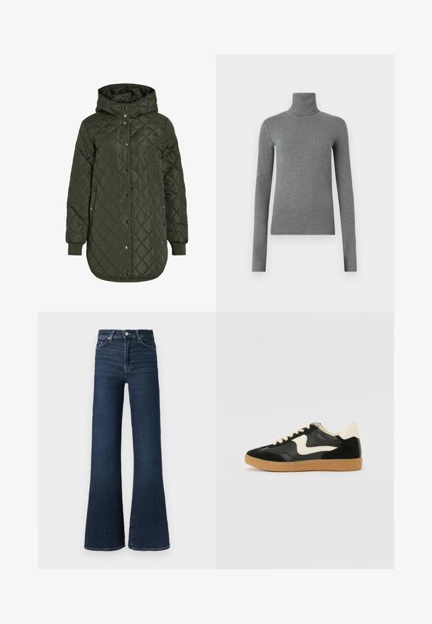 Tikkimisega, pikk oliivroheline jakk kapuutsiga, nööpide ja soonikäärega. Omab siledaid, tekstureeritud kudesid, millel on teemantmuster.; Hallhalli hallitatud särk, mis on valmistatud siledast, venivast kangast. Pikkade varrukatega, sobiv disain, minimaalne tekstuur, ilma nähtavate mustrite või riistvaraeta.; Tumesinised teksapüksid, kõrge vöökohaga ja laiade sääreosadega, klassikalise viie taskuga ja ühe nupuga kinnitusega.; Must musta ja nahast sneakersid, millel on koorevärvi külgsuund ja hele koorik. Omab beeži paelu ja kummi kummist välistalla.