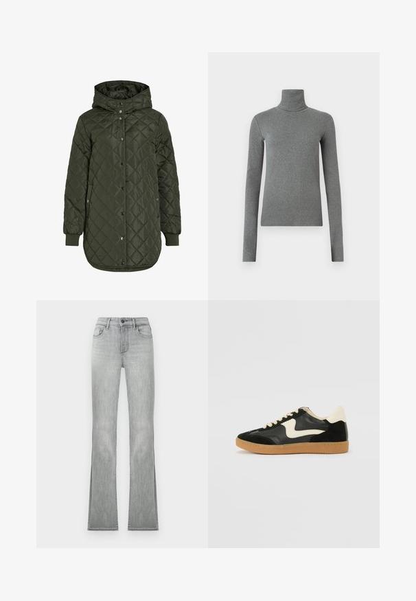 Veste longue olive verte matelassée avec capuche, boutons-pression et poignets côtelés. Dotée d'un tissu lisse et texturé avec un motif en losanges.; Chandail col roulé gris en tissu lisse et élastique. Manches longues, design ajusté, texture minimale, sans motifs ni éléments métalliques visibles.; Jean évasé gris clair avec une texture en denim lisse, comportant des poches avant et une fermeture à bouton. L'ourlet a des fentes latérales pour un détail supplémentaire.; Baskets en daim et cuir noir avec un swoosh latéral crème et un talon crème clair. Dotées de lacets beige et d'une semelle en caoutchouc gomme.