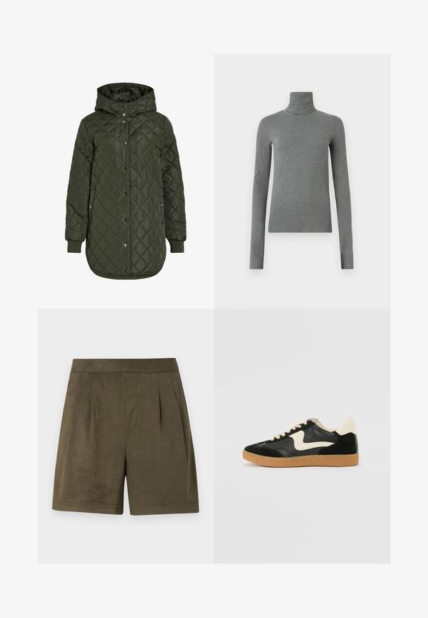 Casaco comprido olive green acolchoado com capuz, botões de pressão e punhos canelados. Apresenta um tecido liso e texturizado com padrão de diamante.; Camisola de gola alta cinza feita de um tecido liso e elástico. Mangas compridas, design ajustado, textura mínima, sem padrões ou acessórios visíveis.; Bermudas verde oliva escuras feitas de um material macio, semelhante a camurça, apresentando um design plissado, corte a meio da coxa e uma cintura limpa e estruturada.; Sapatilha em camurça e couro pretos com um swoosh lateral em creme e um calcanhar em creme claro. Apresenta atacadores bege e uma sola de borracha tipo gum.