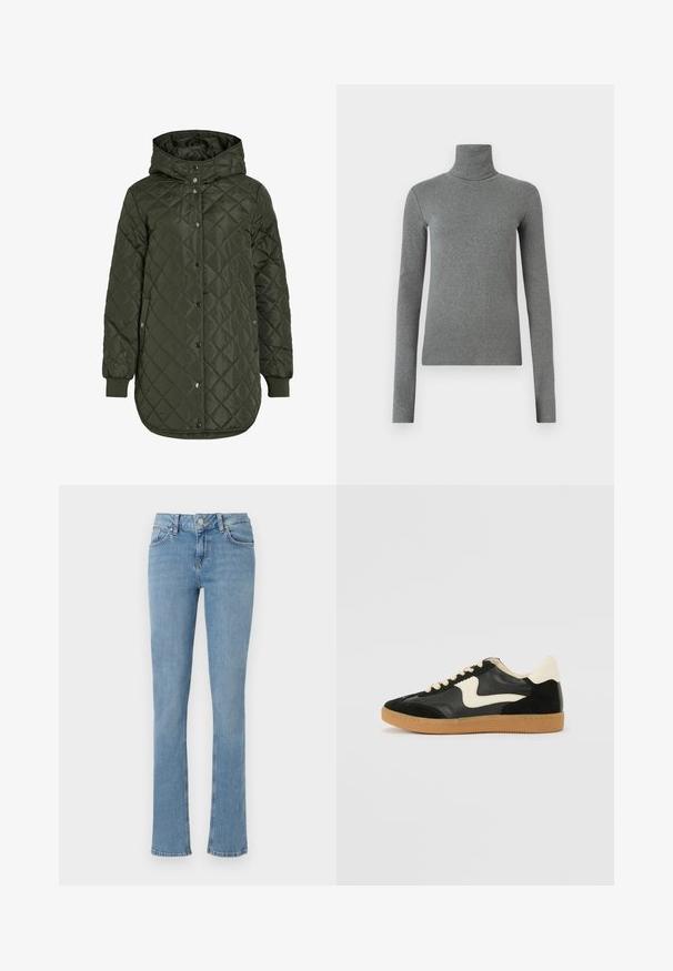 Padded, dolgi olivno zeleni plašč s kapuco, s pritrdilnimi gumbi in rebrastimi manšetami. Ima gladko, teksturirano blago z diamantskim vzorcem.; Siva turtleneck majica narejena iz gladkega, raztegljivega materiala. Dolgi rokavi, prilegajoča zasnova, minimalna tekstura, brez vidnih vzorcev ali okovja.; Svetlo modri traper hlače z razširjenimi nogami, s standardnim petimi žepi, gumbom za zapiranje in vidnimi šivi.; Črne semiš in usnjene superge s kremasto stransko puščico in svetlo kremasto peto. Imajo bež čipke in gumijast podplat.