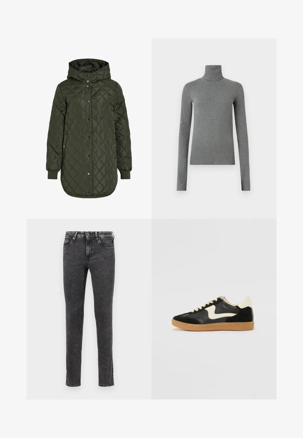 Casaco comprido olive green acolchoado com capuz, botões de pressão e punhos canelados. Apresenta um tecido liso e texturizado com padrão de diamante.; Camisola de gola alta cinza feita de um tecido liso e elástico. Mangas compridas, design ajustado, textura mínima, sem padrões ou acessórios visíveis.; Calças de ganga pretas com um corte slim, design de cinco bolsos e fecho de botão metálico. Apresentam textura desgastada e desvanecimento subtil.; Sapatilha em camurça e couro pretos com um swoosh lateral em creme e um calcanhar em creme claro. Apresenta atacadores bege e uma sola de borracha tipo gum.