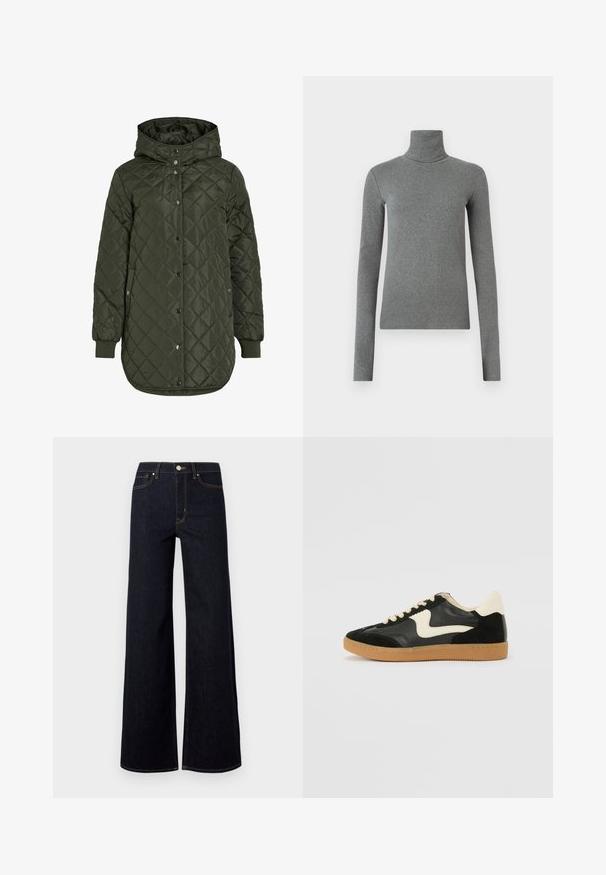 Casaco comprido olive green acolchoado com capuz, botões de pressão e punhos canelados. Apresenta um tecido liso e texturizado com padrão de diamante.; Camisola de gola alta cinza feita de um tecido liso e elástico. Mangas compridas, design ajustado, textura mínima, sem padrões ou acessórios visíveis.; Jeans largos de cor azul escuro feitos de denim, com cintura alta, costura em contraste e um único botão metálico na frente.; Sapatilha em camurça e couro pretos com um swoosh lateral em creme e um calcanhar em creme claro. Apresenta atacadores bege e uma sola de borracha tipo gum.