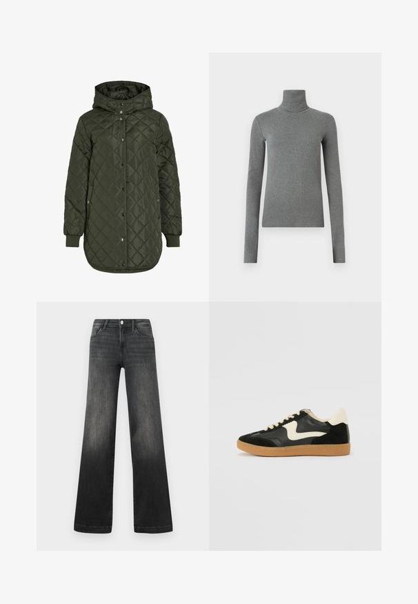 Šviesiai žalia, ilga, quilted striukė su gobtuvu, snap mygtukais ir išilgiais rankovėmis. Siūlo lygią, tekstūruotą medžiagą su deimanto raštu.; Pilkas golfas, pagamintas iš lygaus, elastingo audinio. Ilgos rankovės, prilipęs dizainas, minimali tekstūra, be matomų raštų ar metalinių detalių.; Juodi plačios kojelės džinsai iš išblukusio džinsinio audinio, turintys priekinės kišenės, mygtuko uždarymą ir subtilų siuvinėjimą palei siūles.; Juodos zomšo ir odos sportinės bateliai su kreminiu šoniniu swoosh ir šviesiai kreminiu kulnu. Ypatybės - smėlio spalvos raišteliai ir guminis padas.