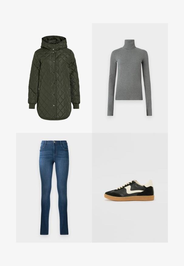 Töltött, hosszú, olíva zöld dzseki kapucnival, patentgombokkal és bordázott mandzsettákkal. Simább, textúrával rendelkező anyag jellemzi, amely gyémánt mintázatú.; Szürke, sima, rugalmas anyagból készült garbós póló. Hosszú ujjú, testhez simuló kialakítás, minimális textúrával, látható minták vagy fém alkatrészek nélkül.; Sötétkék farmer skinny farmernadrág, magas derékkal, klasszikus öt zsebes kialakítással és finom kopással. Fém gombos záródás.; Fekete velúr és bőr sneaker, krém színű oldalsó swoosh-sal és világos krém színű sarokkal. Beigézett fűzőkkel és gumi talppal rendelkezik.