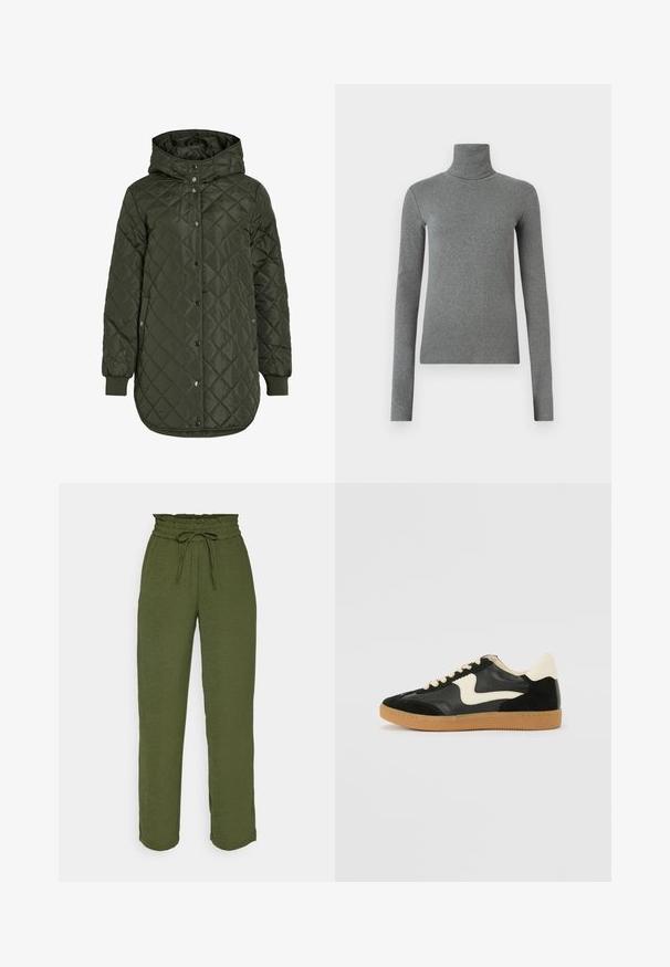 Šviesiai žalia, ilga, quilted striukė su gobtuvu, snap mygtukais ir išilgiais rankovėmis. Siūlo lygią, tekstūruotą medžiagą su deimanto raštu.; Pilkas golfas, pagamintas iš lygaus, elastingo audinio. Ilgos rankovės, prilipęs dizainas, minimali tekstūra, be matomų raštų ar metalinių detalių.; VILA VITIFF STRAIGHT PANT - Kelnės - kalamata; Juodos zomšo ir odos sportinės bateliai su kreminiu šoniniu swoosh ir šviesiai kreminiu kulnu. Ypatybės - smėlio spalvos raišteliai ir guminis padas.